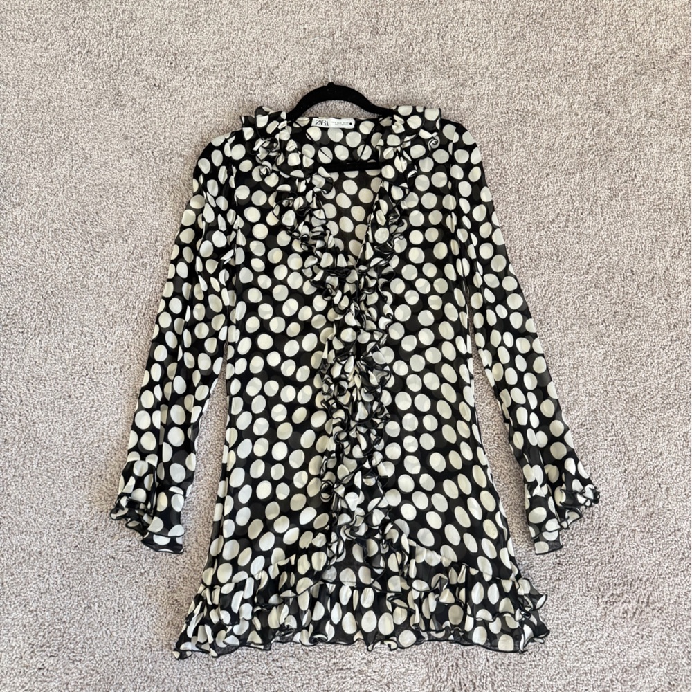 Zara Black Blouse with White Polka Dots and Ruffle Detail